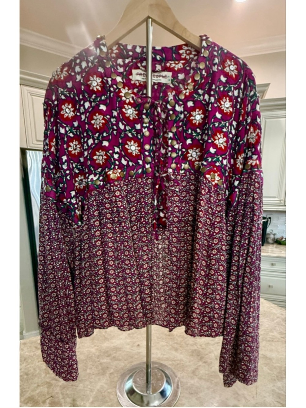 Free People Magenta Red Floral Blouse L, beaded, studs, babydoll, two tie front